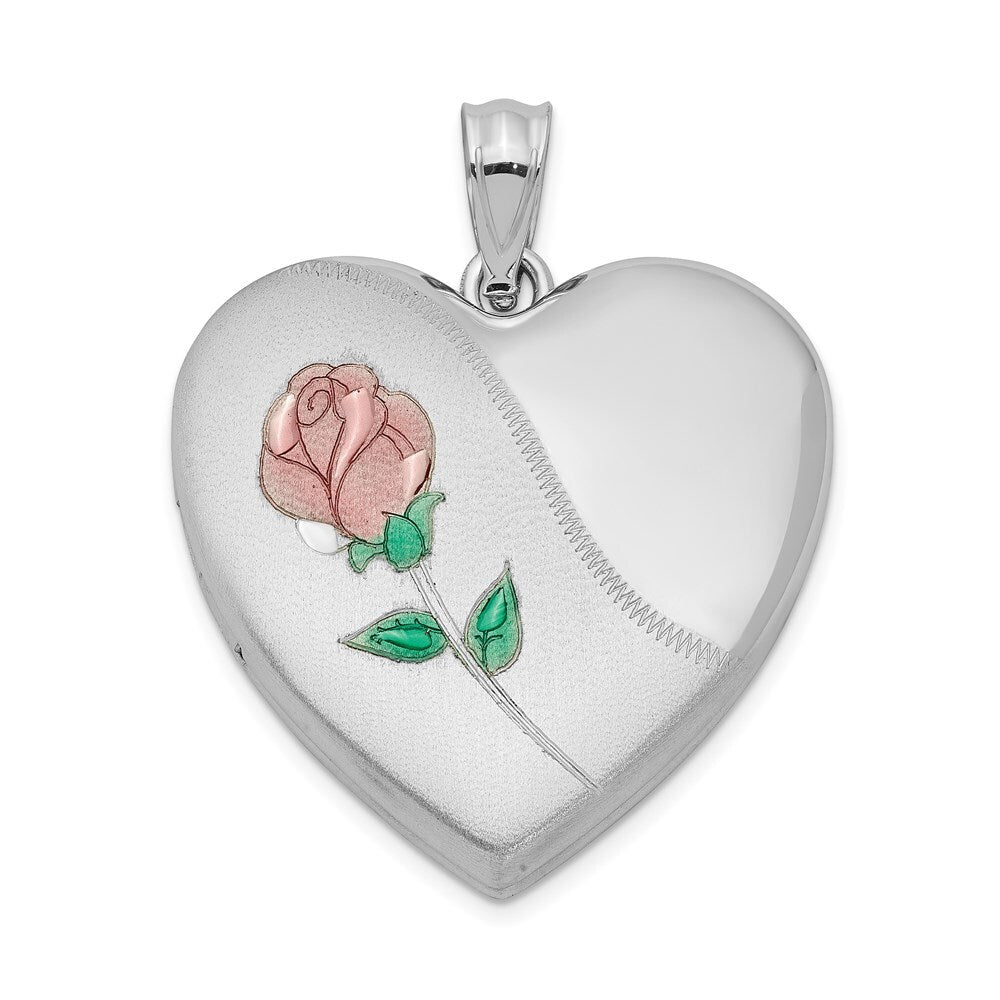 Sterling Silver Rhodium-plated 24mm Satin Enameled & Diamond-cut Rose Locket