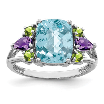 Sterling Silver Rhodium Light Swiss Blue Topaz, Amethyst & Peridot Ring Size 10