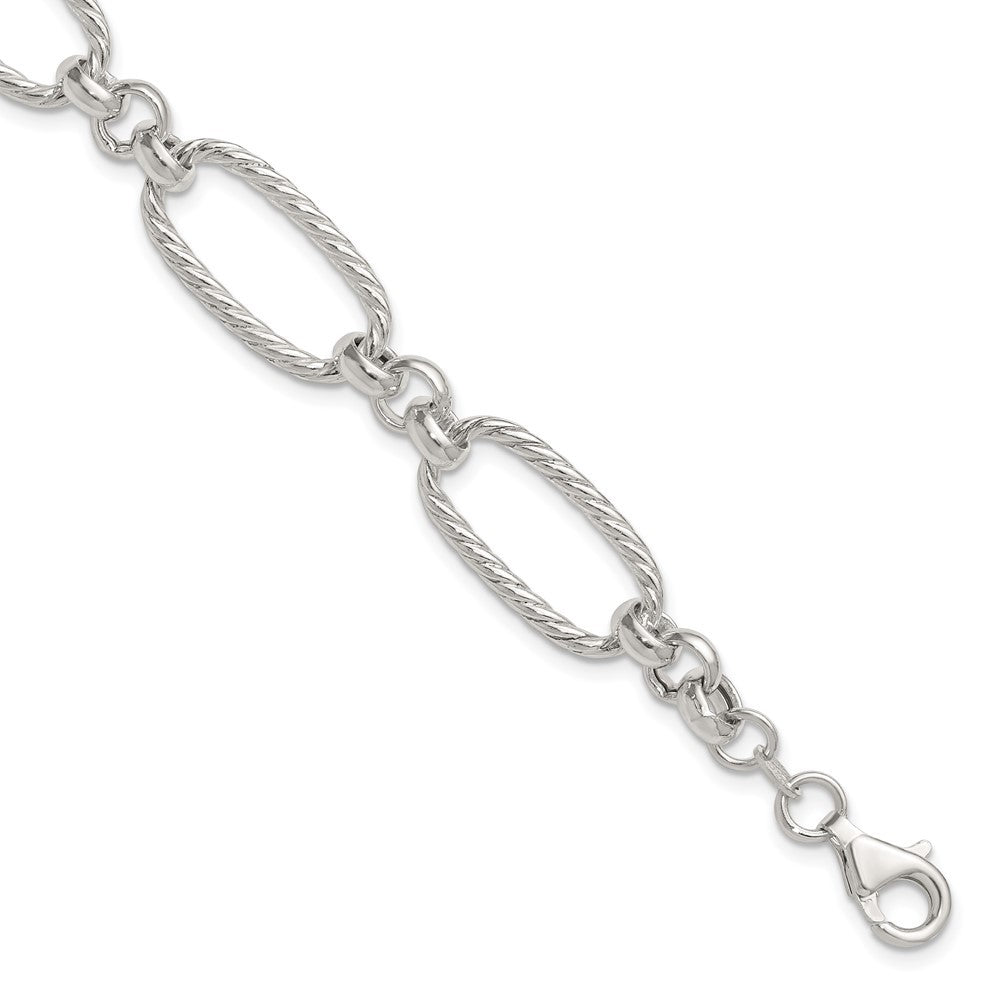Sterling Silver Polished and Twisted Fancy Oval Link 7.5 inch Bracelet