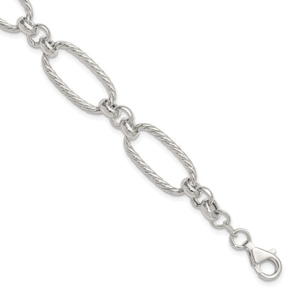 Sterling Silver Polished and Twisted Fancy Oval Link 7.5 inch Bracelet
