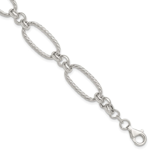 Sterling Silver Polished and Twisted Fancy Oval Link 7.5 inch Bracelet