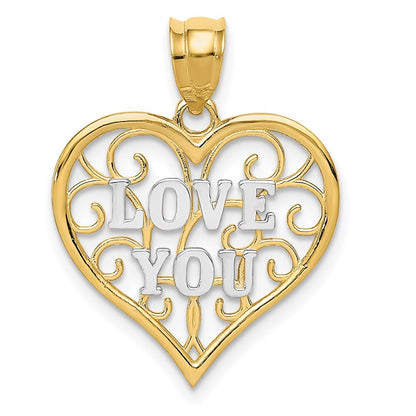 14k Yellow Gold and White Rhodium Filigree Love You Pendant for Women