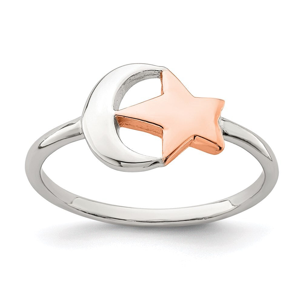 Sterling Silver Rose Tone Moon & Star Ring Size 6
