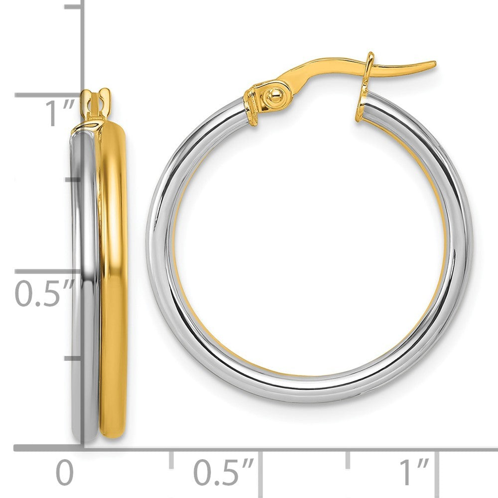 14k Yellow Gold with White Rhodium Polished 4mm x 24mm Round Hoop Earrings