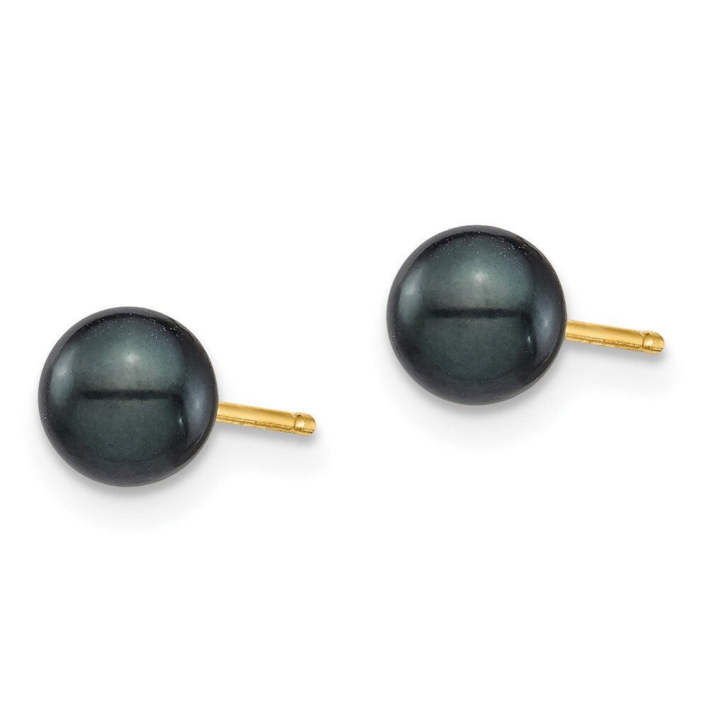 14k Yellow Gold 5-6mm Round Black Saltwater Akoya Cultured Pearl Stud Earrings