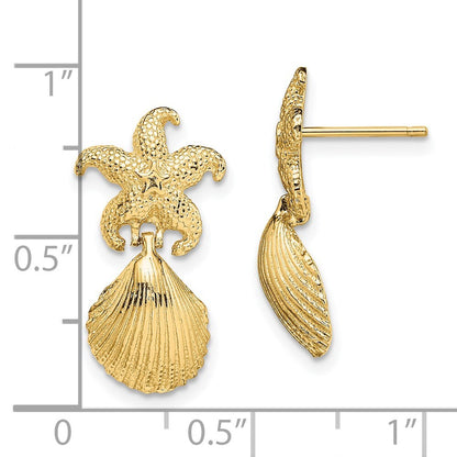 14k Yellow Gold Starfish /Scallop Shell Dangle Earrings