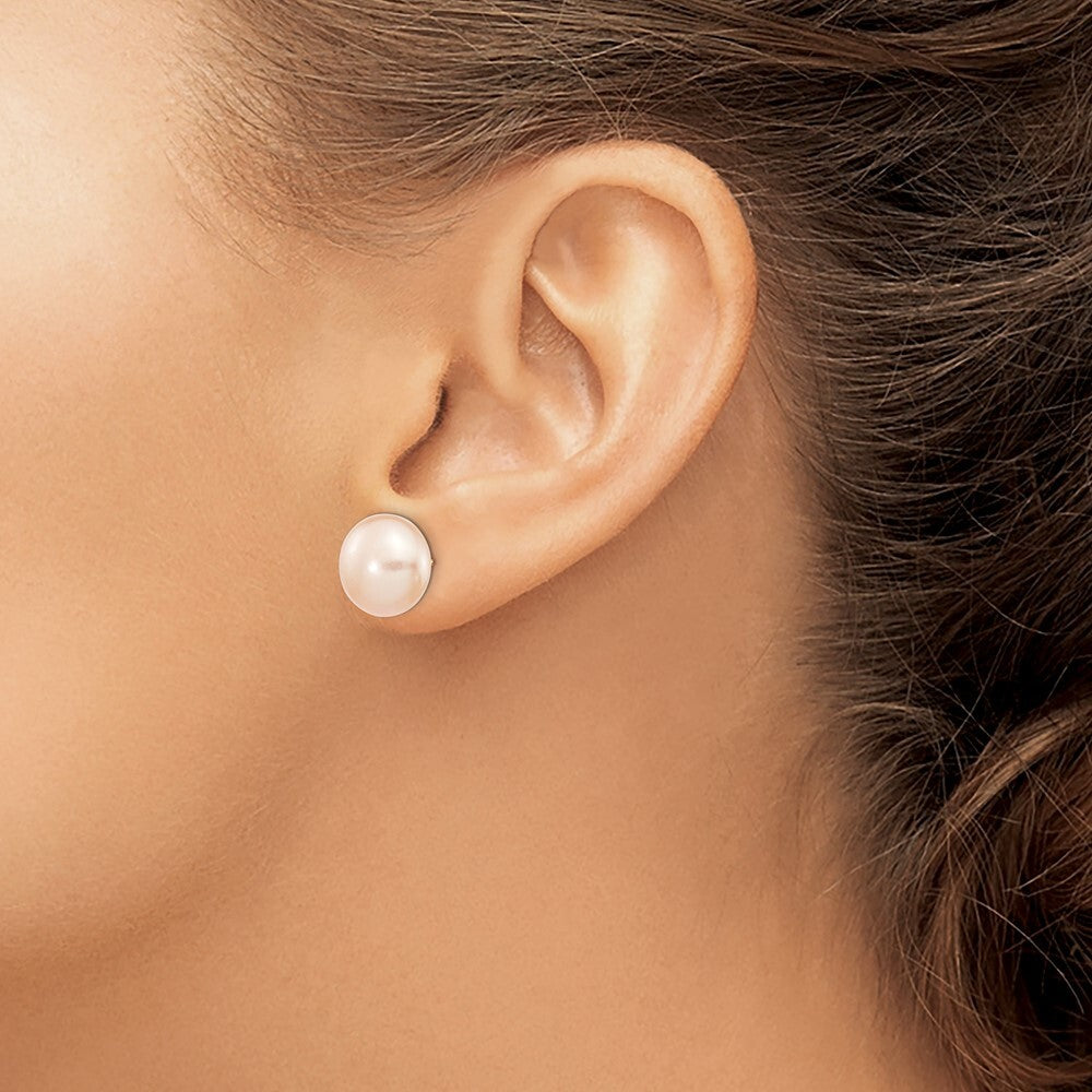 14k Yellow Gold 11-12mm Pink Button Freshwater Cultured Pearl Stud Earrings