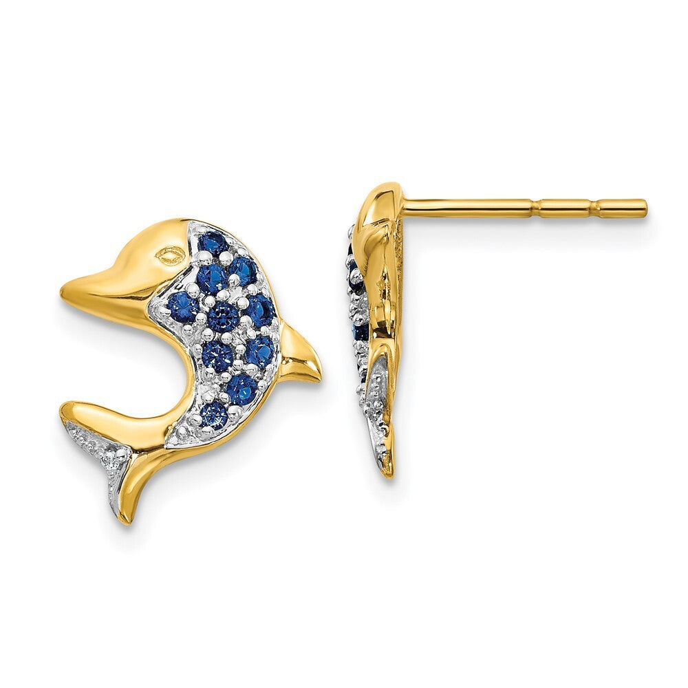 14k Yellow Gold w/Rhodium Marquise Sapphire/Diamond Dolphin Stud Earrings