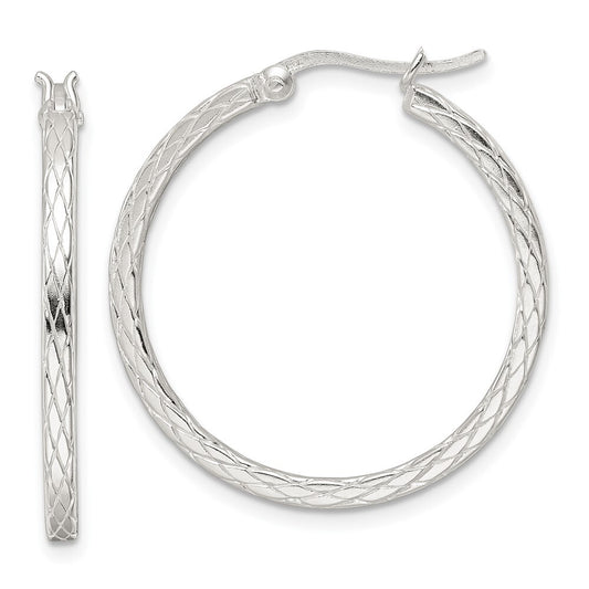 Sterling Silver Rhodium-plated Diamond Pattern Hoop Earrings