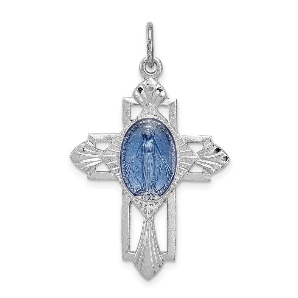Sterling Silver Rhodium-plated Miraculous Medal Pendant Cross Pendant