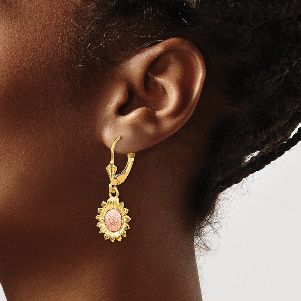 14k Two-tone Polished Sunflower Drop Dangle Earrings
