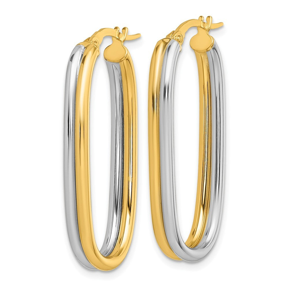 14k Yellow Gold with White Rhodium Polished 4mm x 33mm Oval Hoop Earrings