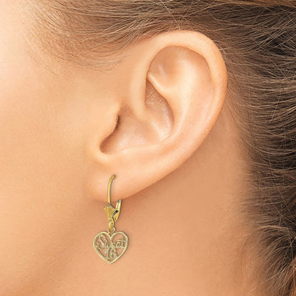 14k Yellow Gold Polished SWEET 16 in Heart Drop Dangle Earrings