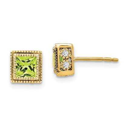 14k Yellow Gold Square Peridot and Diamond Stud Earrings