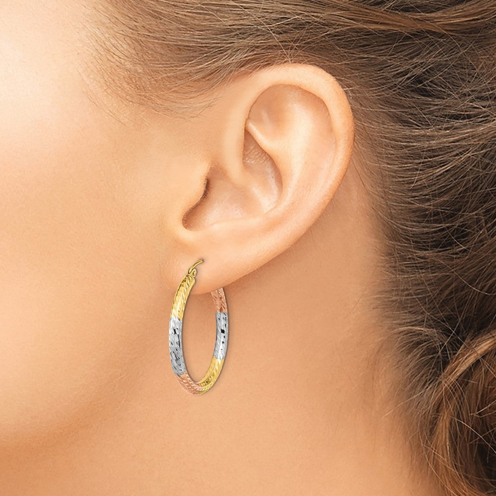 14k Yellow Gold w/White and Rose Rhodium Polished Diamond-cut Hoop Earrings