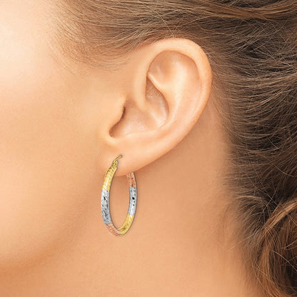 14k Yellow Gold w/White and Rose Rhodium Polished Diamond-cut Hoop Earrings