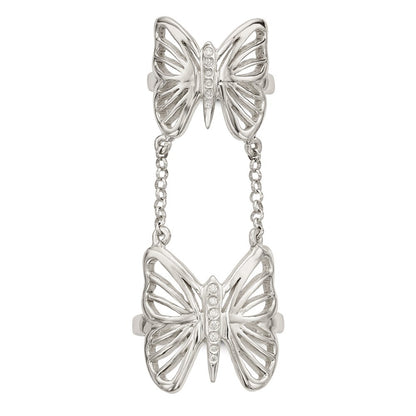 Sterling Silver Polished Cubic Zirconia Butterfly Double Finger Ring Size 8