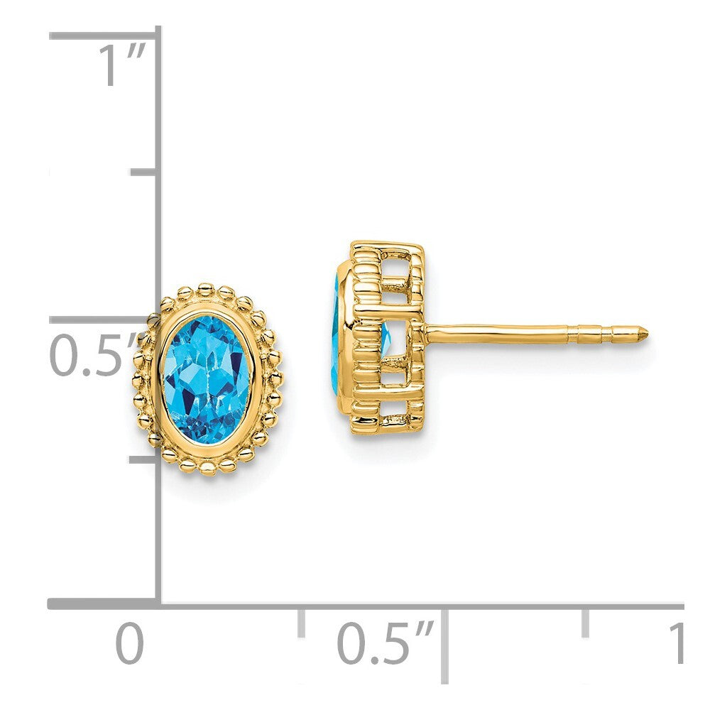 14k Yellow Gold Oval Blue Topaz Stud Earrings Gift for Women
