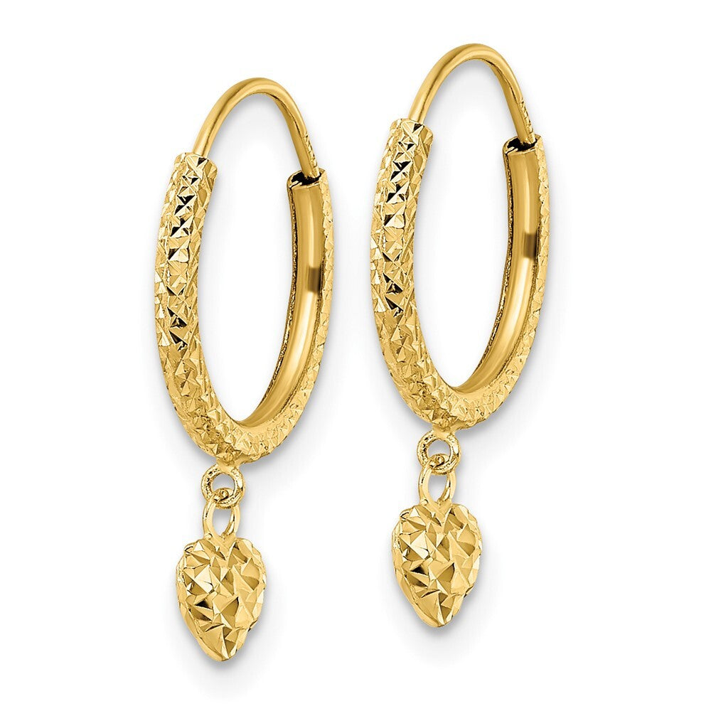 14k Yellow Gold Diamond-Cut Heart Hoop Earrings Gift for Women
