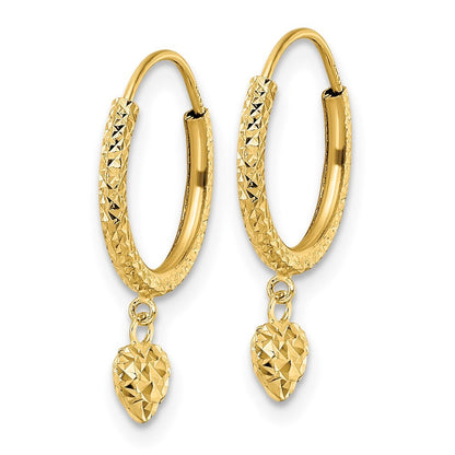 14k Yellow Gold Diamond-Cut Heart Hoop Earrings Gift for Women