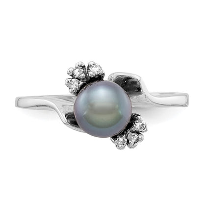 14k White Gold 6mm Black FW Cultured Pearl AA Diamond ring