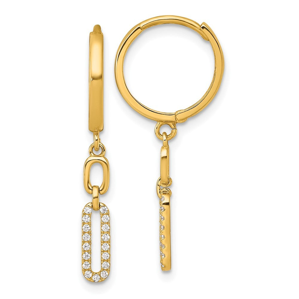 14k Yellow Gold Polished Fancy CZ Long Link Dangle Round Hinged Hoop Earrings