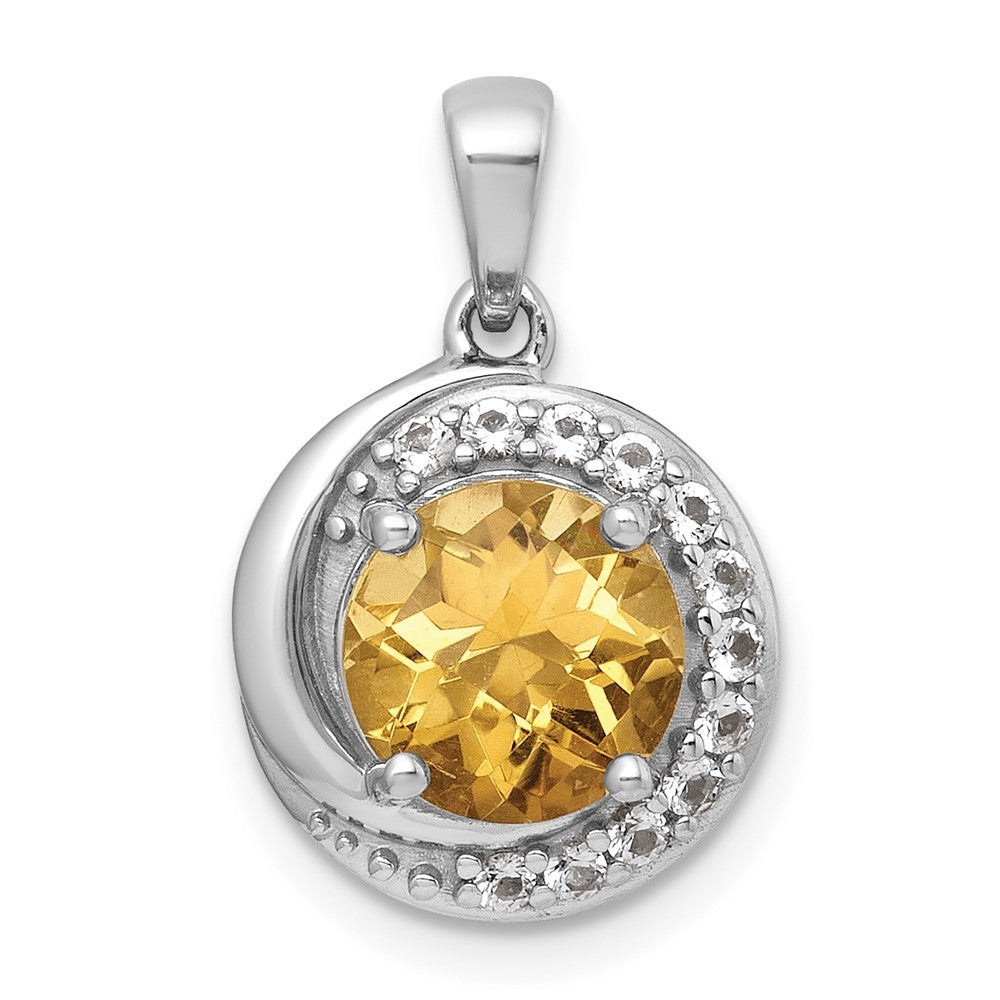 Sterling Silver Checker-cut Round Citrine and White Topaz Circle Pendant
