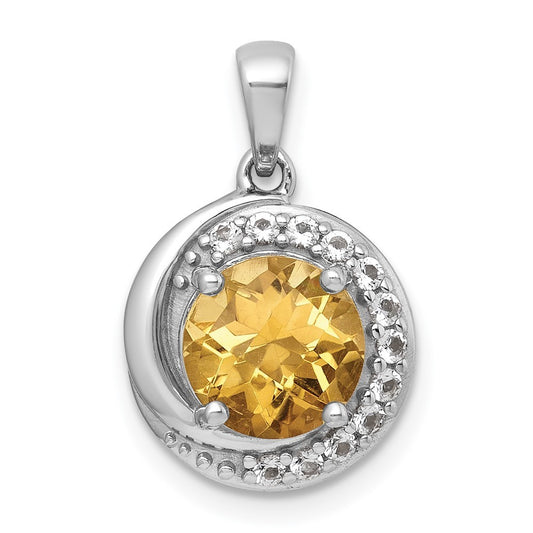 Sterling Silver Checker-cut Round Citrine and White Topaz Circle Pendant
