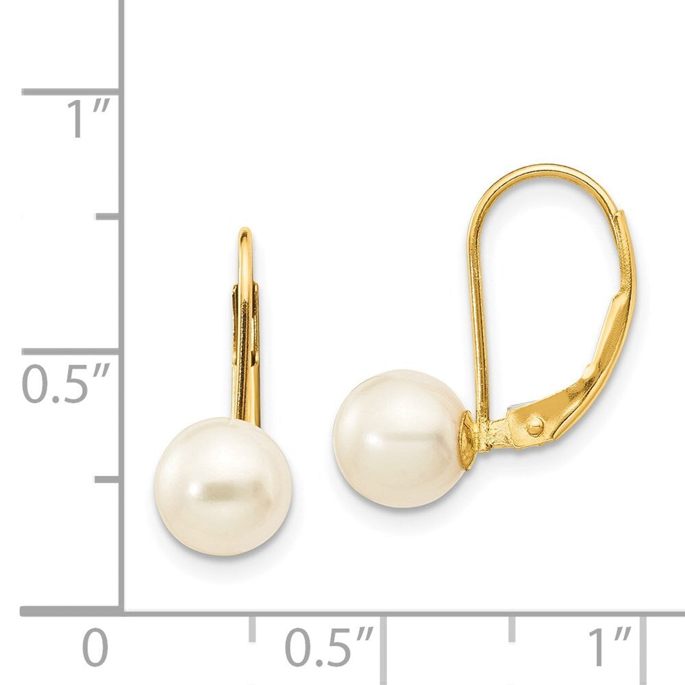 14k Yellow Gold 6-7mm White Round Freshwater Cultured Pearl Leverback Earrings