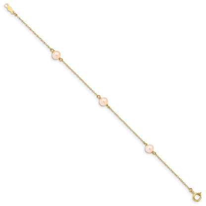 14k Yellow Gold 5-6mm Pink Freshwater Cultured Pearl 3-Station 6" Bracelet