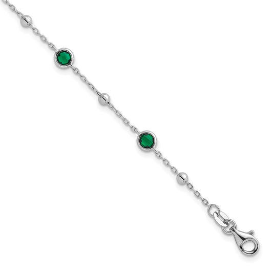 Sterling Silver and Beaded Bezel-set Round Green CZ 7" with 1" Ext Bracelet