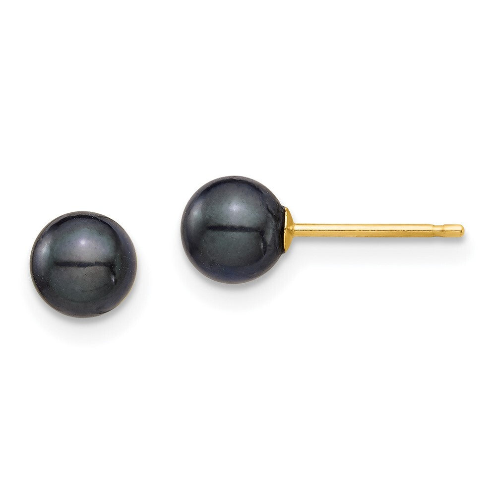14k Yellow Gold 5-6mm Round Black Saltwater Akoya Cultured Pearl Stud Earrings