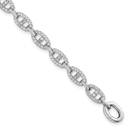 Sterling Silver Rhodium-plated Polished CZ Anchor/Mariner Link 7.25" Bracelet