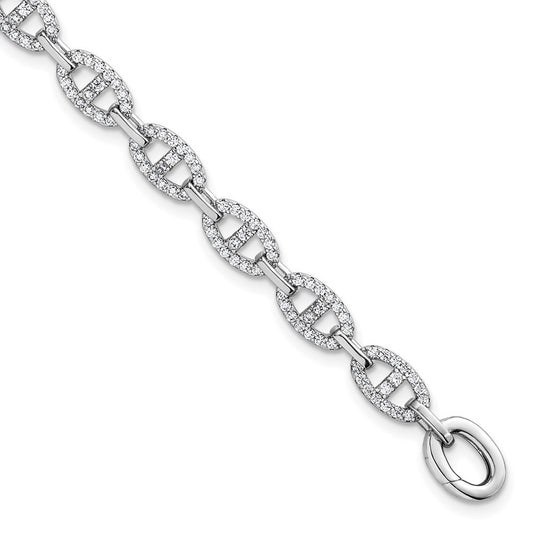 Sterling Silver Rhodium-plated Polished CZ Anchor/Mariner Link 7.25" Bracelet