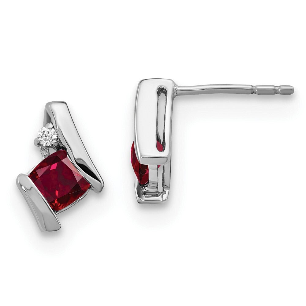 14K White Gold Cushion Cr. Ruby and Diamond Stud Earrings Gift for Women