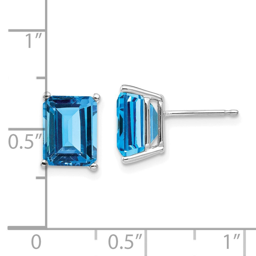 14k White Gold 9x7mm Emerald Cut Blue Topaz Stud Earrings Gift for Women