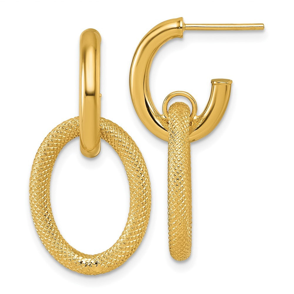 14k Yellow Gold Polished and Textured Oval Dangle C-Hoop Earrings