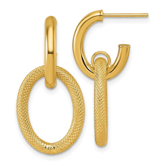 14k Yellow Gold Polished and Textured Oval Dangle C-Hoop Earrings
