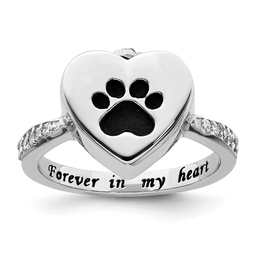 Sterling Silver CZ Heart Paw Print FOREVER IN MY HEART Ash Holder Ring Sz 6