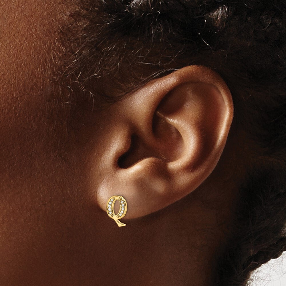 14k Yellow Gold Diamond Initial Q Stud Earrings Gift for Women