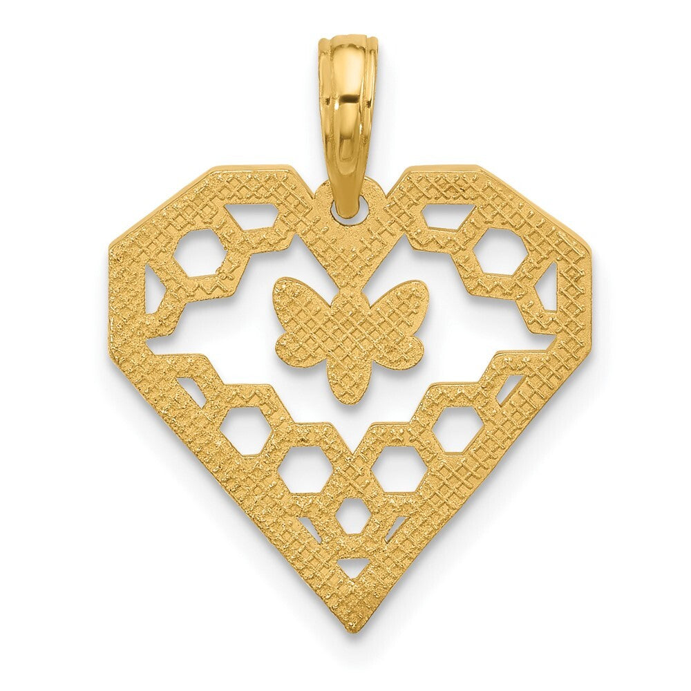 14k Yellow Gold Polished Fancy Heart and Bee Honeycomb Charm Pendant for Women
