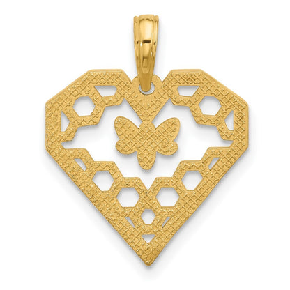14k Yellow Gold Polished Fancy Heart and Bee Honeycomb Charm Pendant for Women