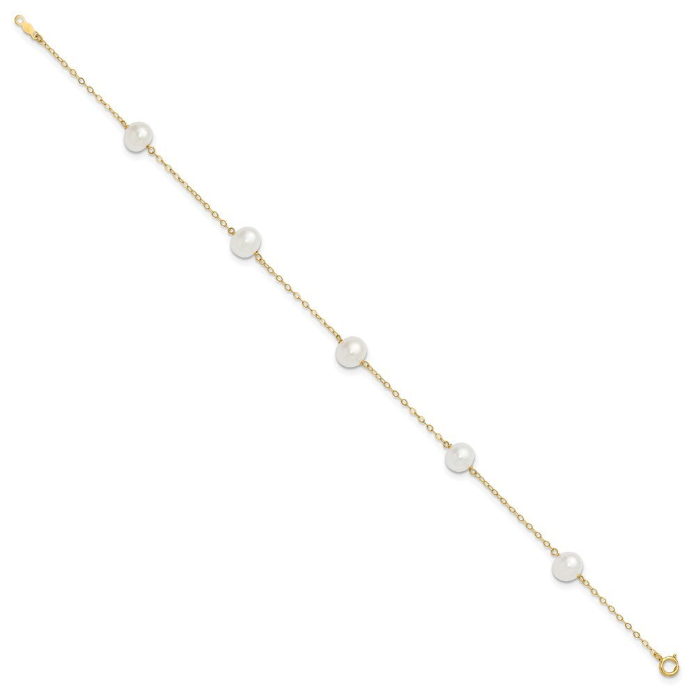 14k Yellow Gold 7-8mm White Round Freshwater Cultured Pearl 5-station 10" Anklet