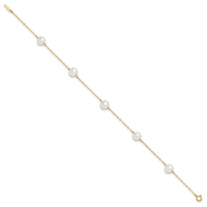 14k Yellow Gold 7-8mm White Round Freshwater Cultured Pearl 5-station 10" Anklet