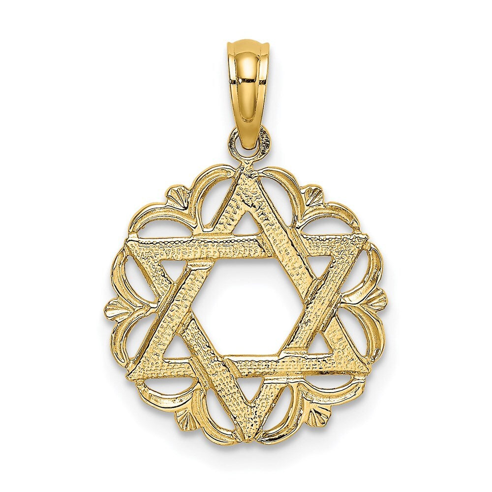 14k Yellow Gold Star Of David In Scalloped Circle Charm Pendant for Women
