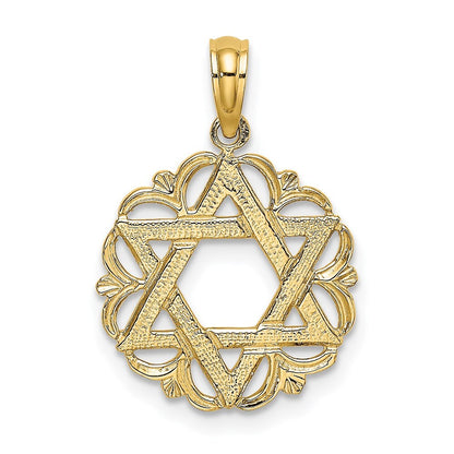 14k Yellow Gold Star Of David In Scalloped Circle Charm Pendant for Women
