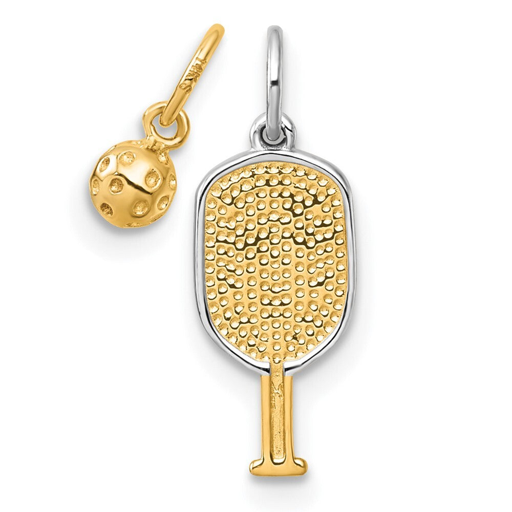 14k Yellow Gold White Rhodium Pickleball Paddle and Ball 2 Piece Pendant Set