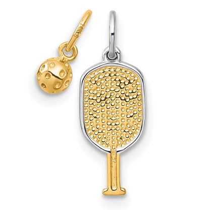 14k Yellow Gold White Rhodium Pickleball Paddle and Ball 2 Piece Pendant Set