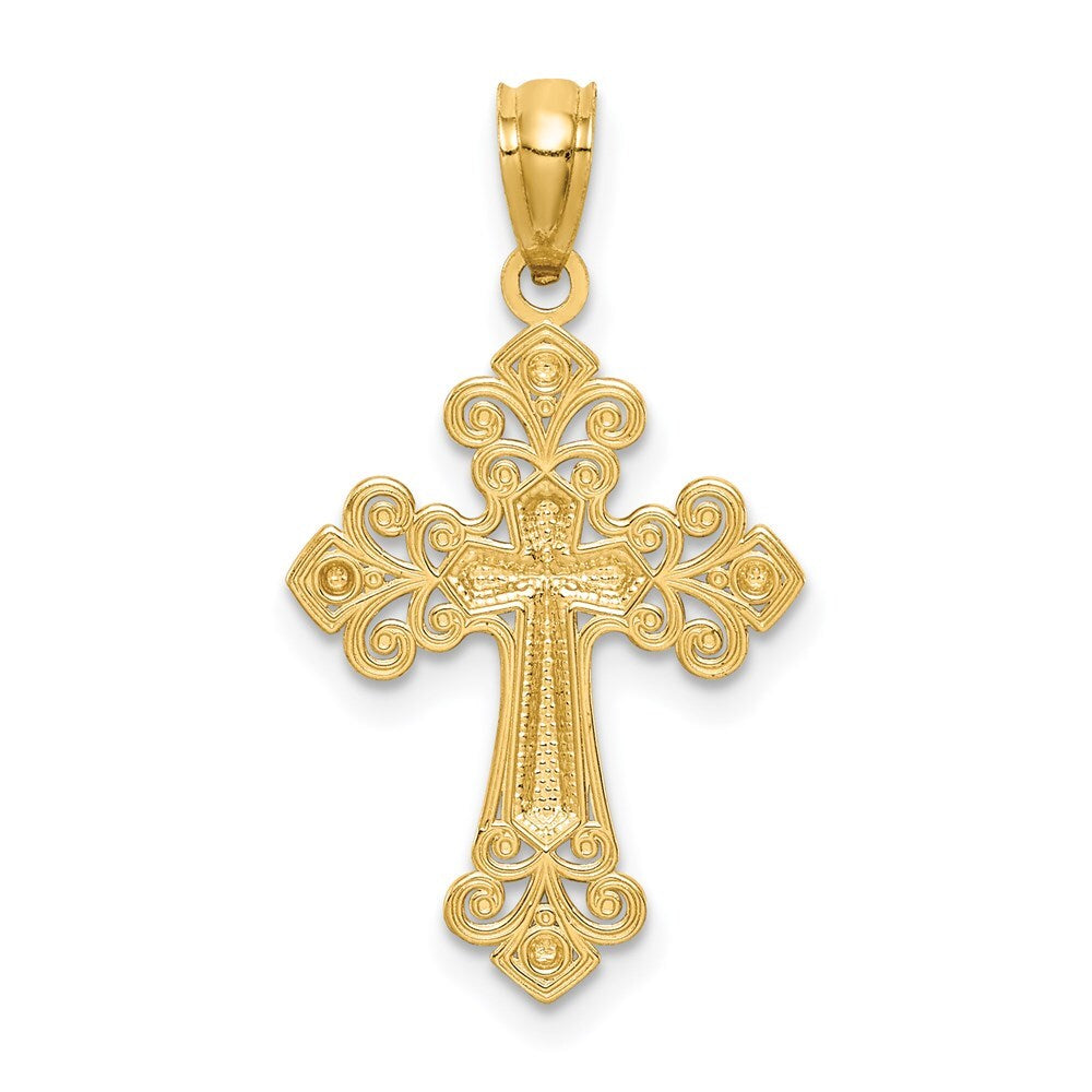 14k Yellow Gold White Rhodium Diamond-Cut Cross Pendant for Women