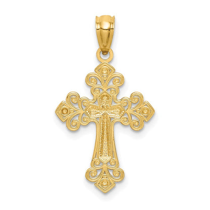 14k Yellow Gold White Rhodium Diamond-Cut Cross Pendant for Women